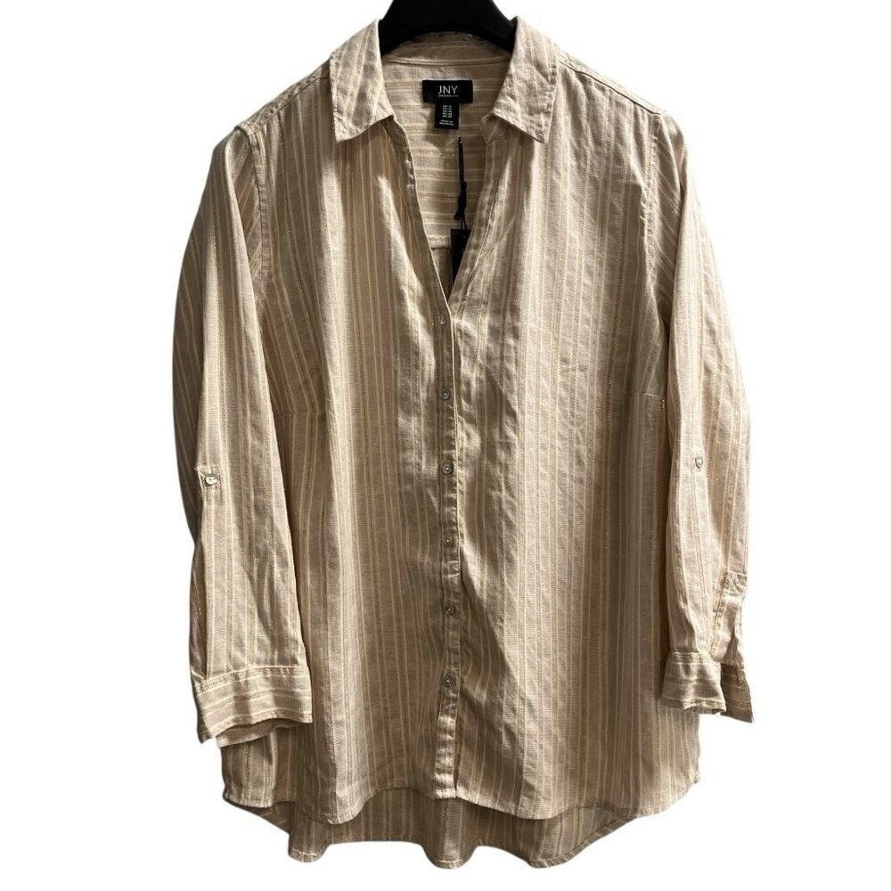 Jones New York Top Brown‎ Metallic Striped Linen Blend Button Down Size 2X Beach